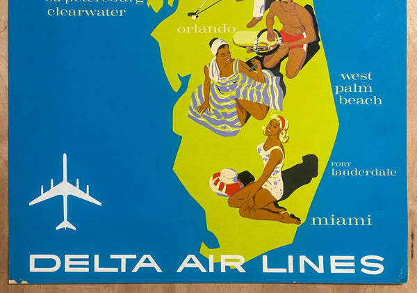 c.1960s Florida Delta Air Lines Pictorial Map John Hardy Mid-Century Modern