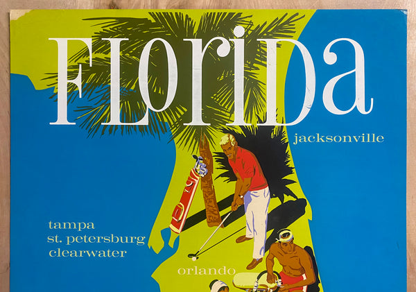 c.1960s Florida Delta Air Lines Pictorial Map John Hardy Mid-Century Modern