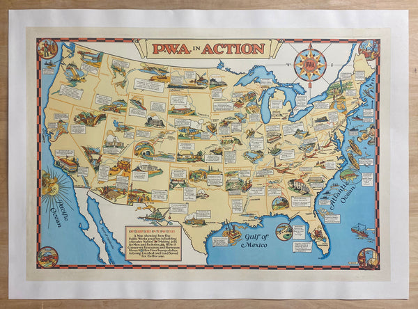 1935 P.W.A. IN ACTION United States Pictorial Map PWA WPA New Deal Public Works