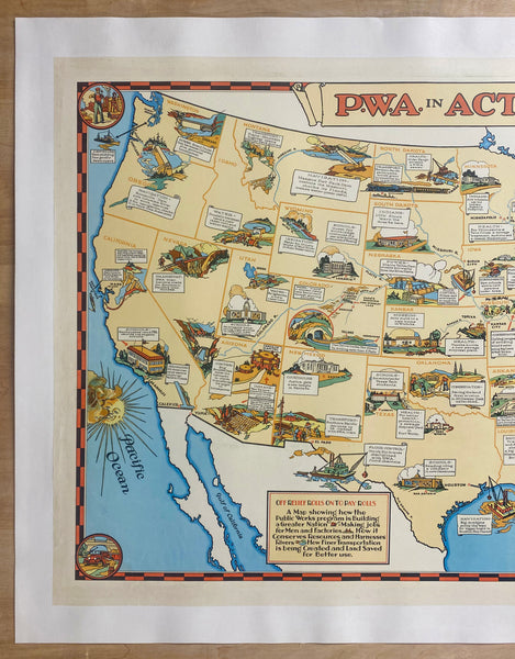 1935 P.W.A. IN ACTION United States Pictorial Map PWA WPA New Deal Public Works
