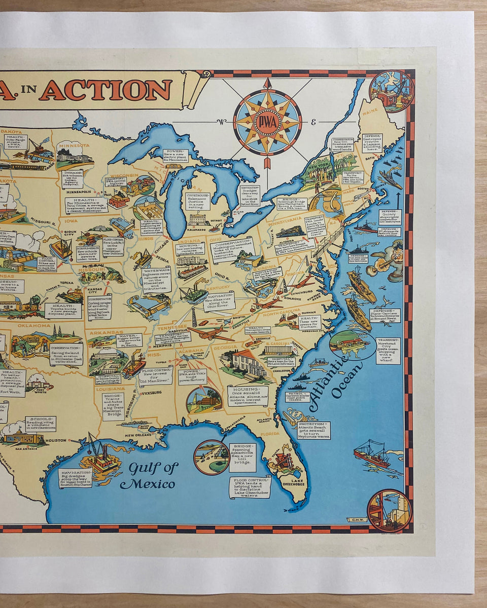 1935 P.W.A. IN ACTION USA Pictorial Map Poster PWA WPA FDR New Deal ...