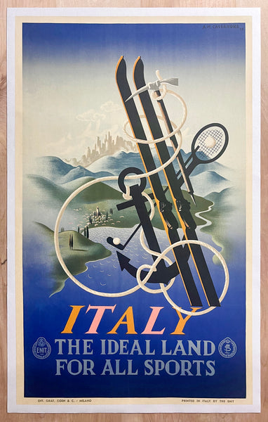 1935 Italy The Ideal Land For All Sports Cassandre ENIT Golf Tennis Skiing