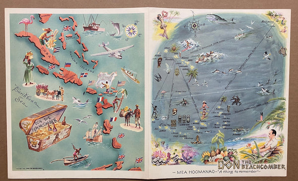 c.1950s Don The Beachcomber Tiki Bar Menu Style Brochure Pictorial Map Covers Vintage