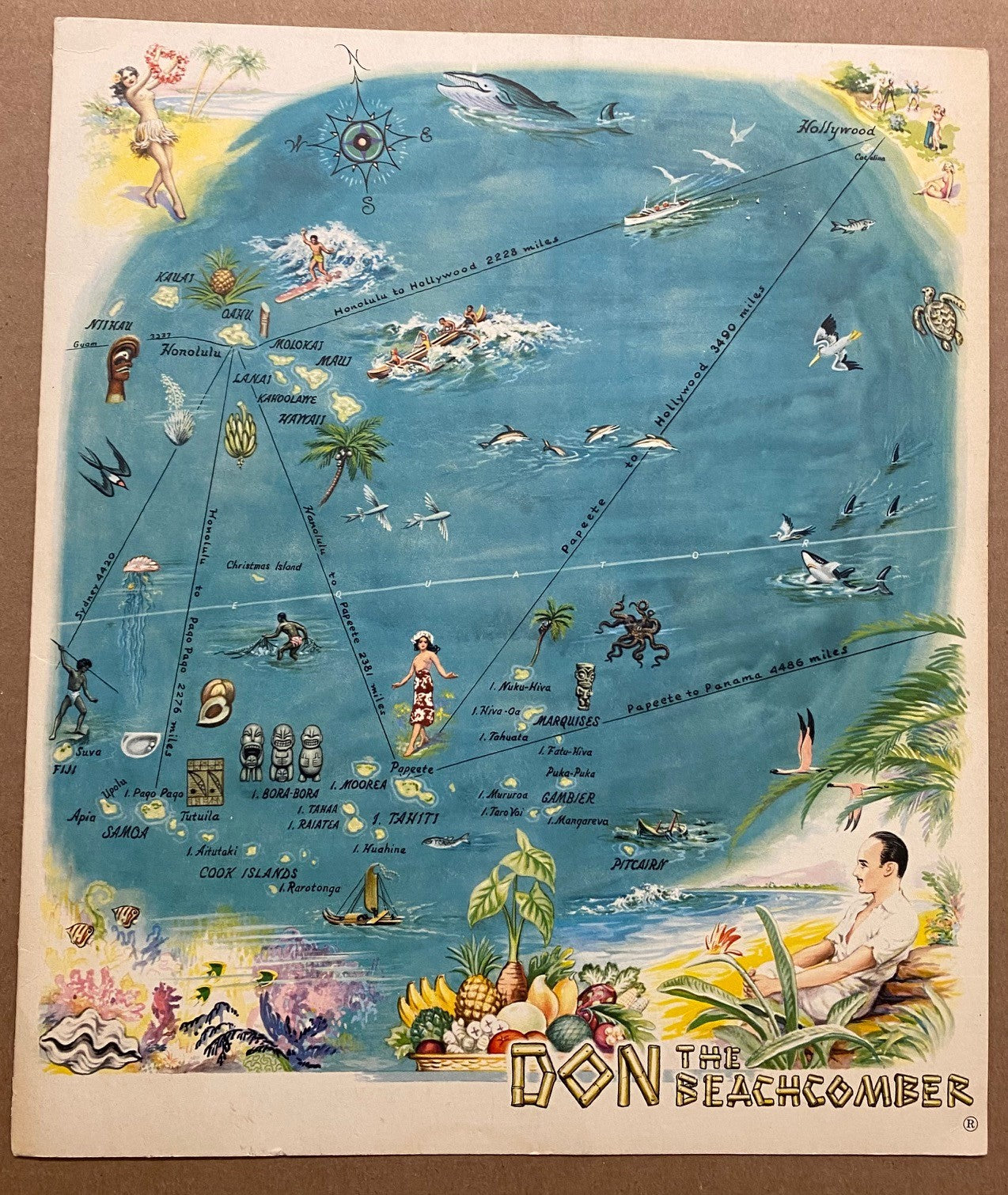 c.1960 Vintage Don The Beachcomber Pictorial Map Menu Tiki Bar Original