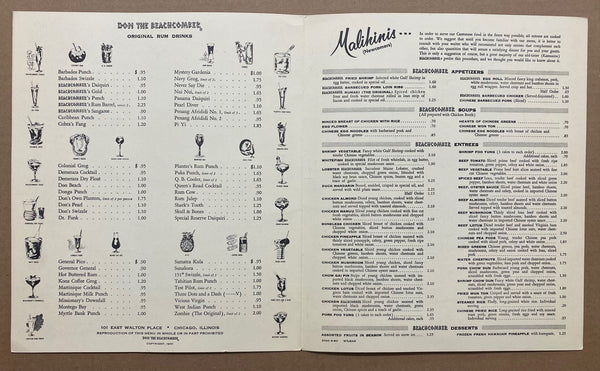 c.1960 Vintage Don The Beachcomber Pictorial Map Menu Tiki Bar Original