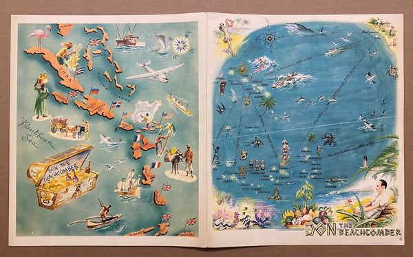 c.1960 Vintage Don The Beachcomber Pictorial Map Menu Tiki Bar Original