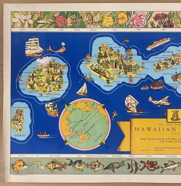 1937 The Dole Map of Hawaiian Islands Pictorial Map Parker Edwards