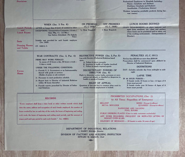 1945 Employment of Women Ohio Emergency Regulations Ohio WWII Original