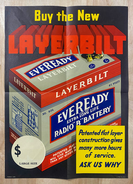 c.1930 Eveready Layerbilt Radio B Battery Advertising Poster Art Deco