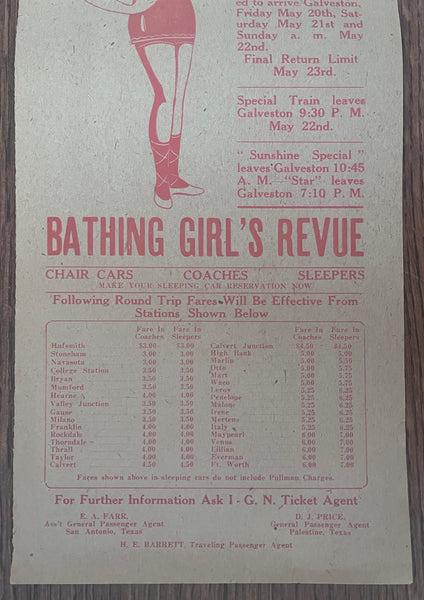 1927 Galveston Bathing Beauty Girl’s Revue MoPac Excursion Broadside Texas