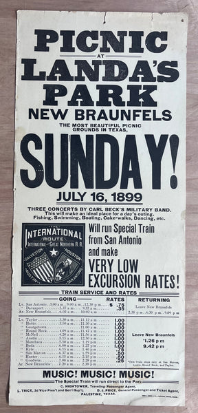 1899 Landa’s Park New Braunfels Texas Railroad Excursion Broadside Antique