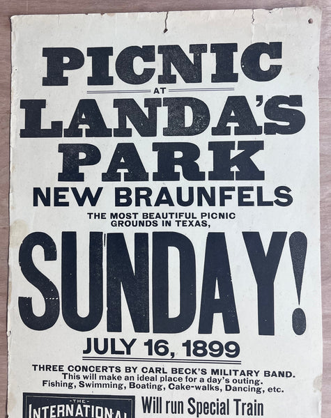 1899 Landa’s Park New Braunfels Texas Railroad Excursion Broadside Antique
