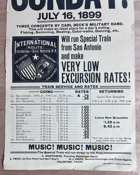 1899 Landa’s Park New Braunfels Texas Railroad Excursion Broadside Antique
