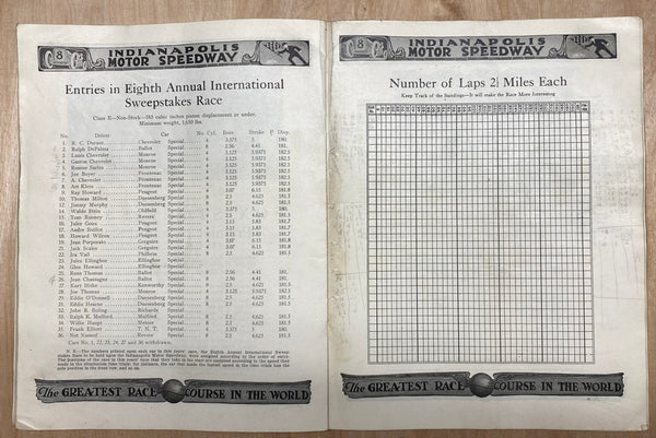 1920 Indianapolis 500 Racing Program Gaston Chevrolet Vintage Original