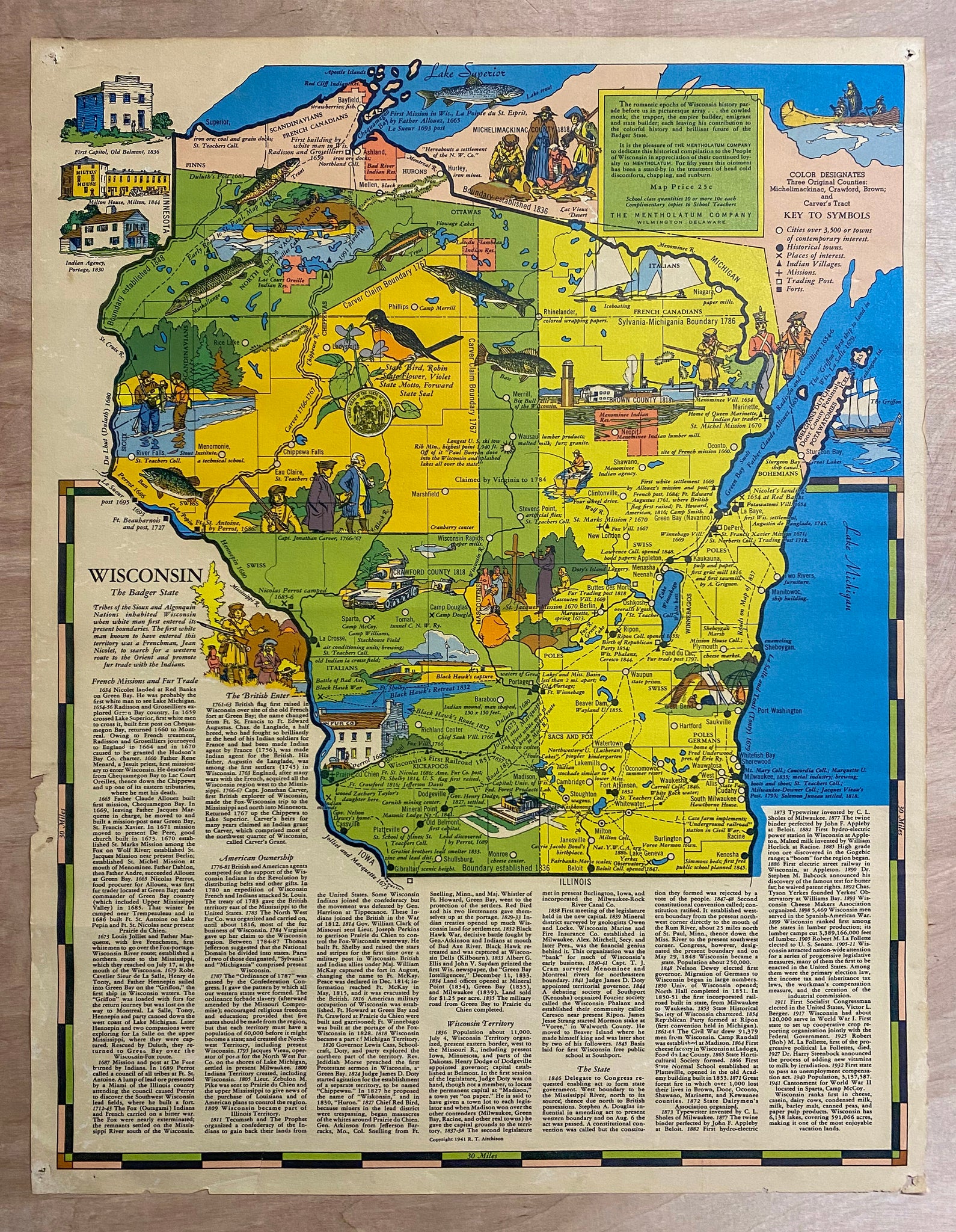 1941 Wisconsin The Badger State Pictorial Map Mentholatum Co. Aitchison