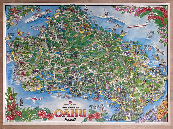 1978 Oahu Hawaii United Airlines Pictorial Cartoon Map Kim Forrest Archar
