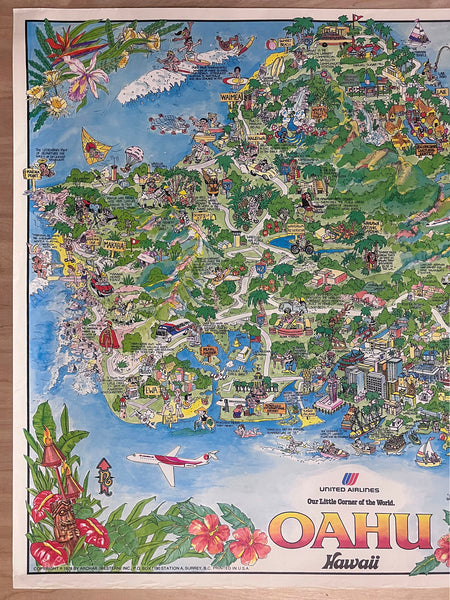 1978 Oahu Hawaii United Airlines Pictorial Cartoon Map Kim Forrest Archar