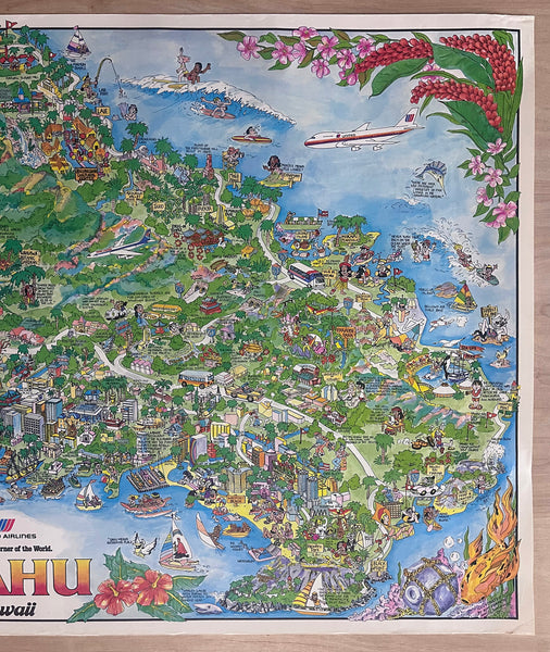 1978 Oahu Hawaii United Airlines Pictorial Cartoon Map Kim Forrest Archar