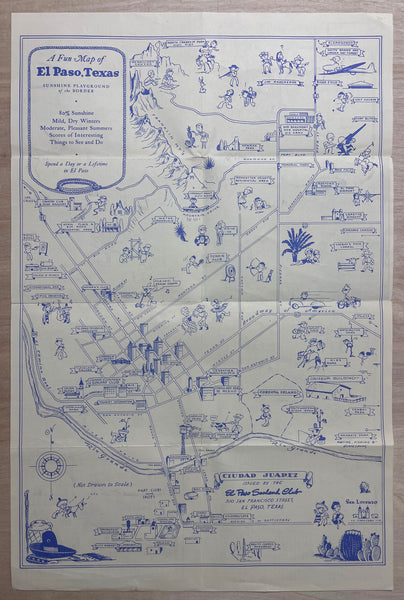c.1945 Fun Map of El Paso Texas Pictorial Cartoon Map Vintage