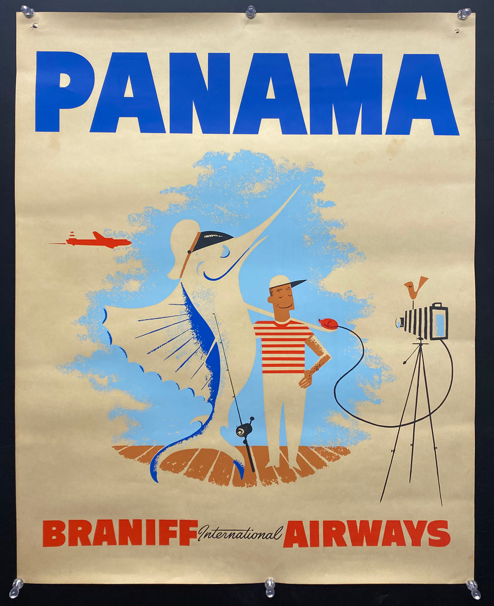 1950s Braniff International Airways Panama Poster Fisherman Vintage 1950s-braniff-international-airways-panama-poster-fisherman-vintage