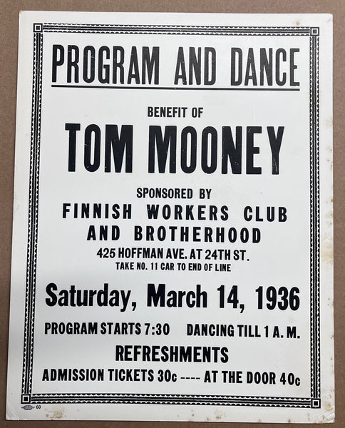 1936 Imprisoned Labor Leader Tom Mooney Benefit Window Card San Francisco