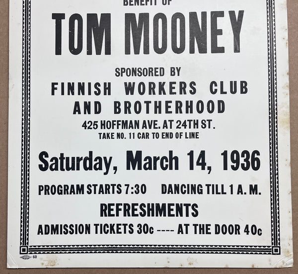 1936 Imprisoned Labor Leader Tom Mooney Benefit Window Card San Francisco