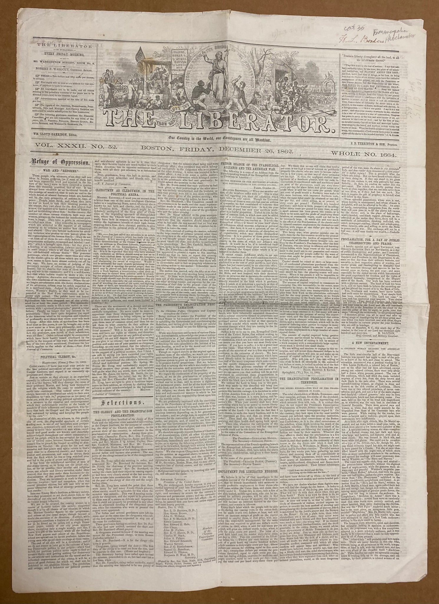 1862 The Liberator Anti-Slavery Newspaper with Lincoln’s Emancipation Proclamation