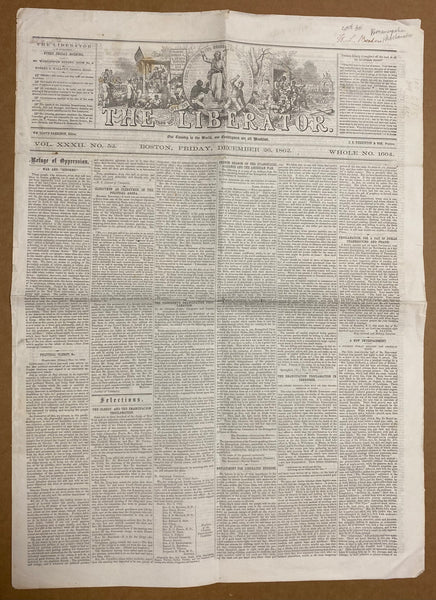 1862 The Liberator Anti-Slavery Newspaper with Lincoln’s Emancipation Proclamation