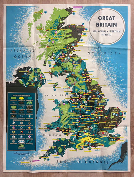 c.1944 Great Britain Her Natural & Industrial Resources Pictorial Map WWII Era