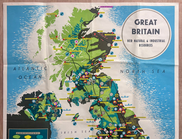 c.1944 Great Britain Her Natural & Industrial Resources Pictorial Map WWII Era
