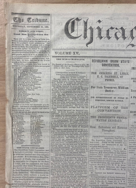 1862 Chicago Tribune Newspaper Abraham Lincoln Emancipation Proclamation