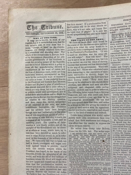 1862 Chicago Tribune Newspaper Abraham Lincoln Emancipation Proclamation