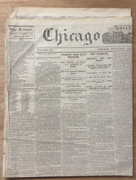 1862 Chicago Tribune Newspaper Abraham Lincoln Emancipation Proclamation