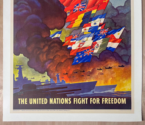 1943 The United Nations Fight For Freedom by Leslie Ragan WWII on Linen
