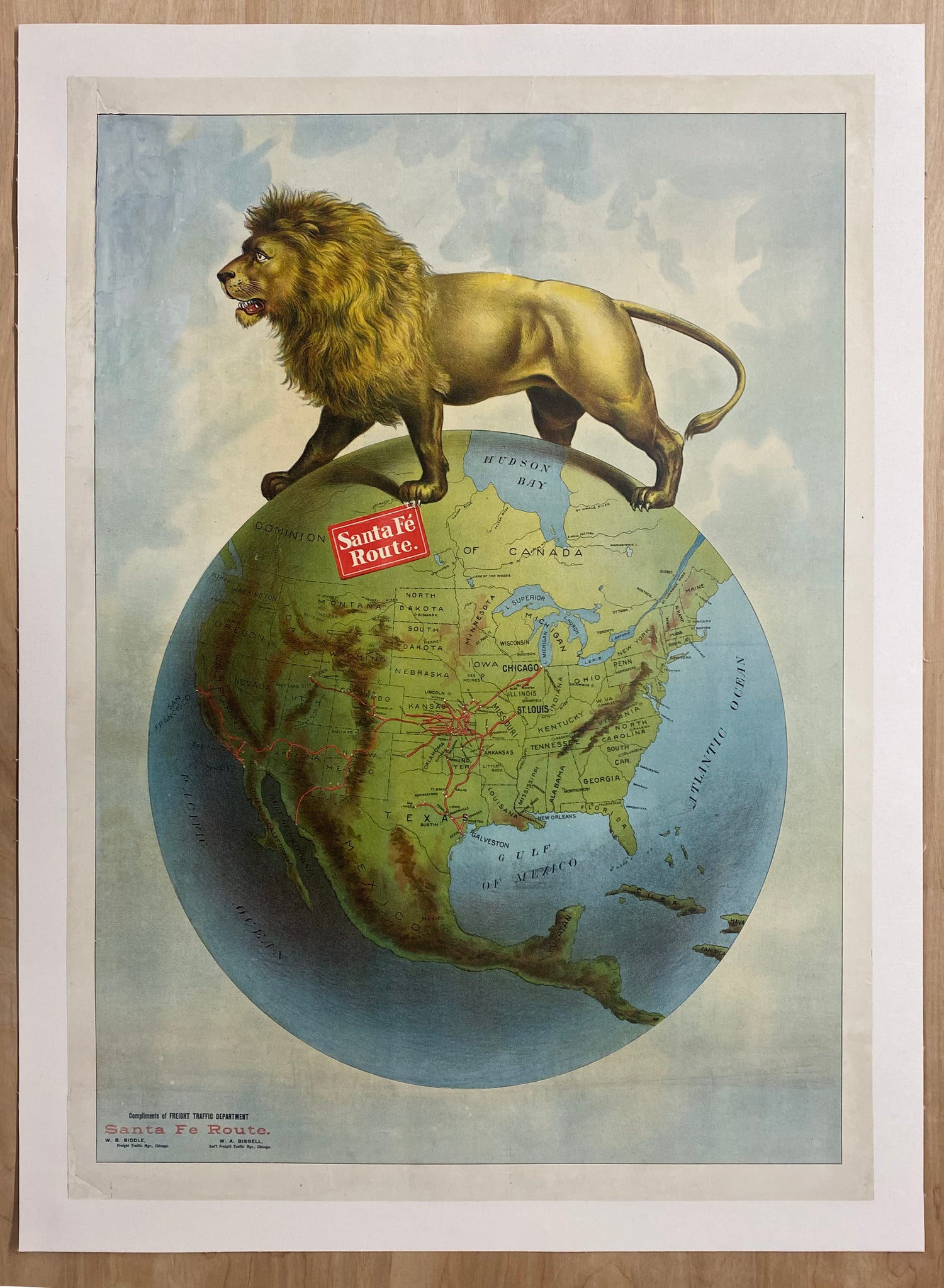c.1900 Santa Fe Route Freight Traffic Department North America British Lion Map