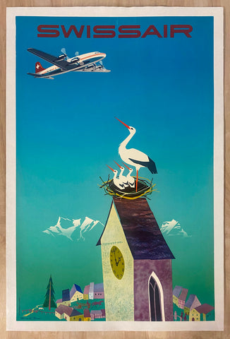 c.1950s Swissair Switzerland Travel by Donald Brun DC-6 Stork Nest