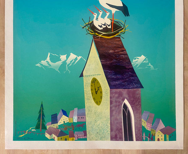 c.1950s Swissair Switzerland Travel by Donald Brun DC-6 Stork Nest