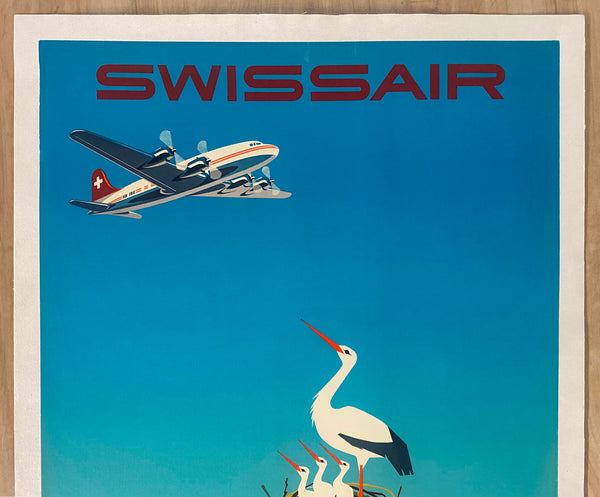 c.1950s Swissair Switzerland Travel by Donald Brun DC-6 Stork Nest