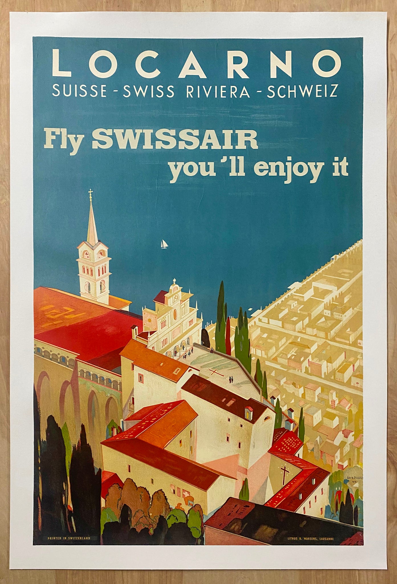 c.1950s Fly Swissair Locarno Switzerland Swiss Riviera by Daniele Buzzi