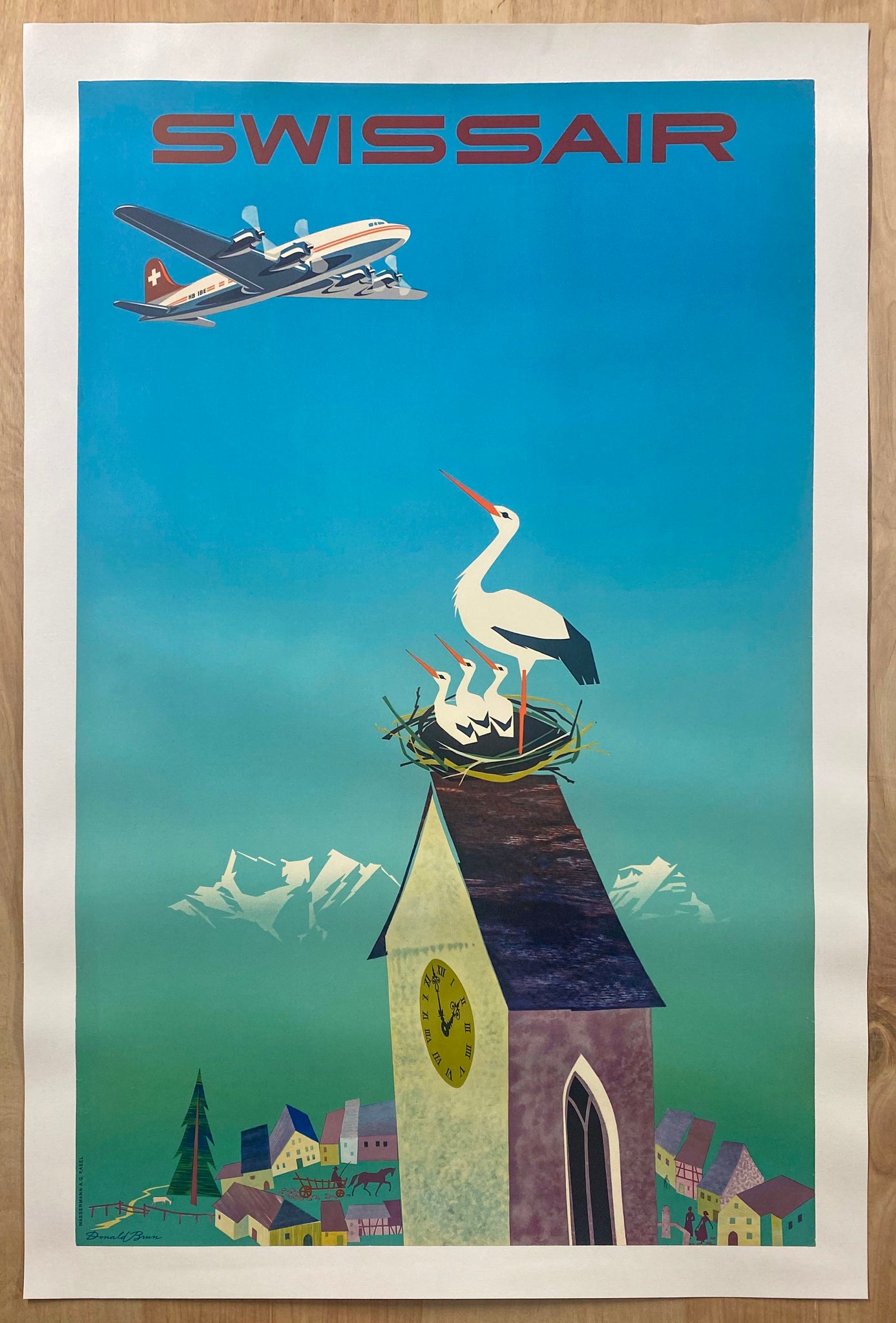 c.1950s Swissair Switzerland Travel by Donald Brun DC-6 Stork Nest