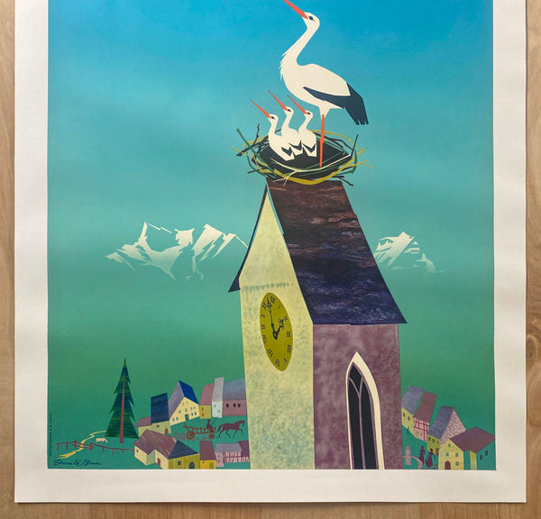 c.1950s Swissair Switzerland Travel by Donald Brun DC-6 Stork Nest