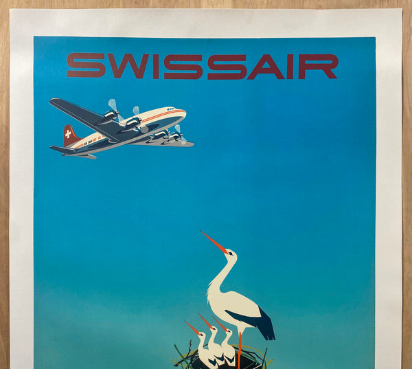 c.1950s Swissair Switzerland Travel by Donald Brun DC-6 Stork Nest