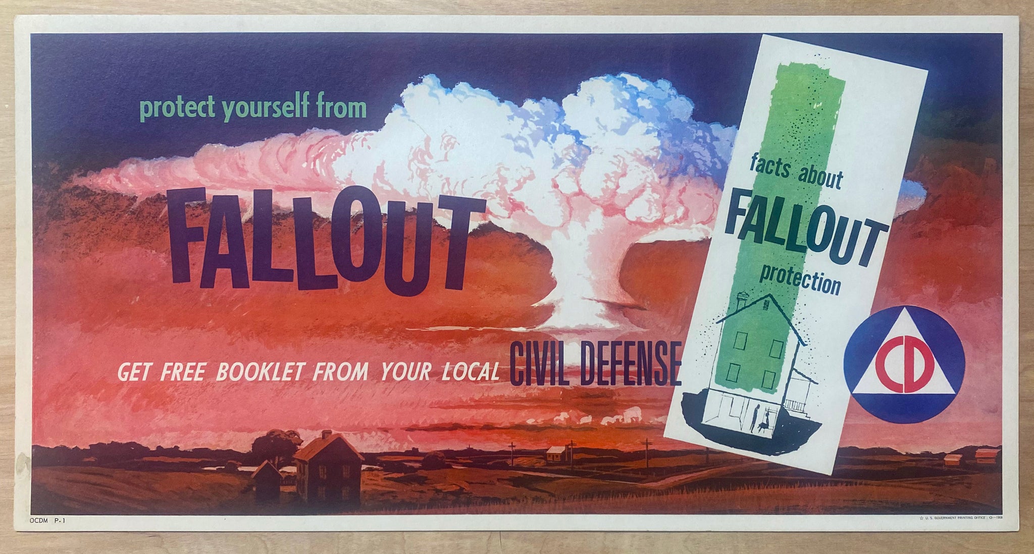 1958 Civil Defense Fallout Sign Atomic Bomb Mushroom Cloud Cold War Era OCMD