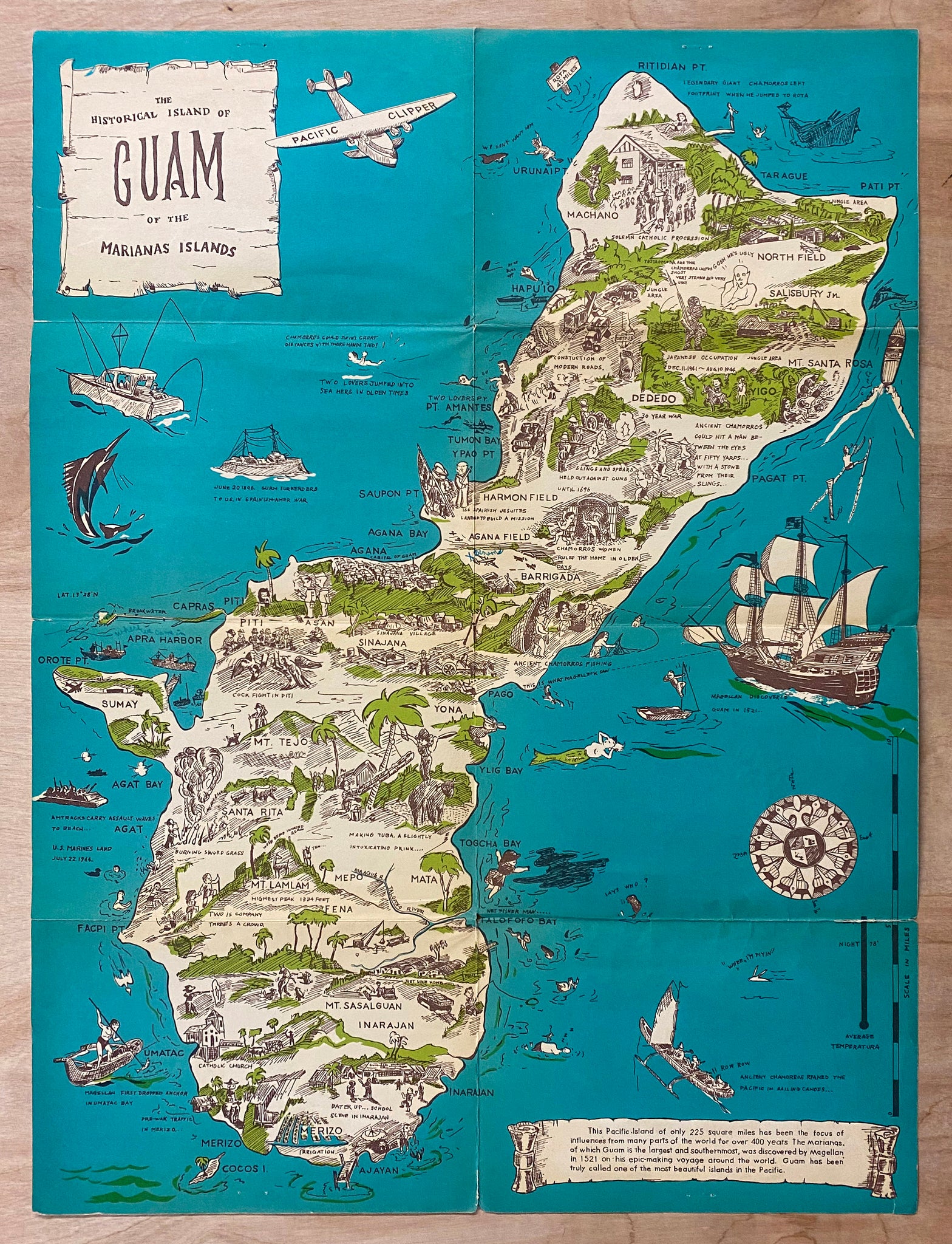c.1950s Guam and the Marianas Islands Pictorial Map Pacific Ocean