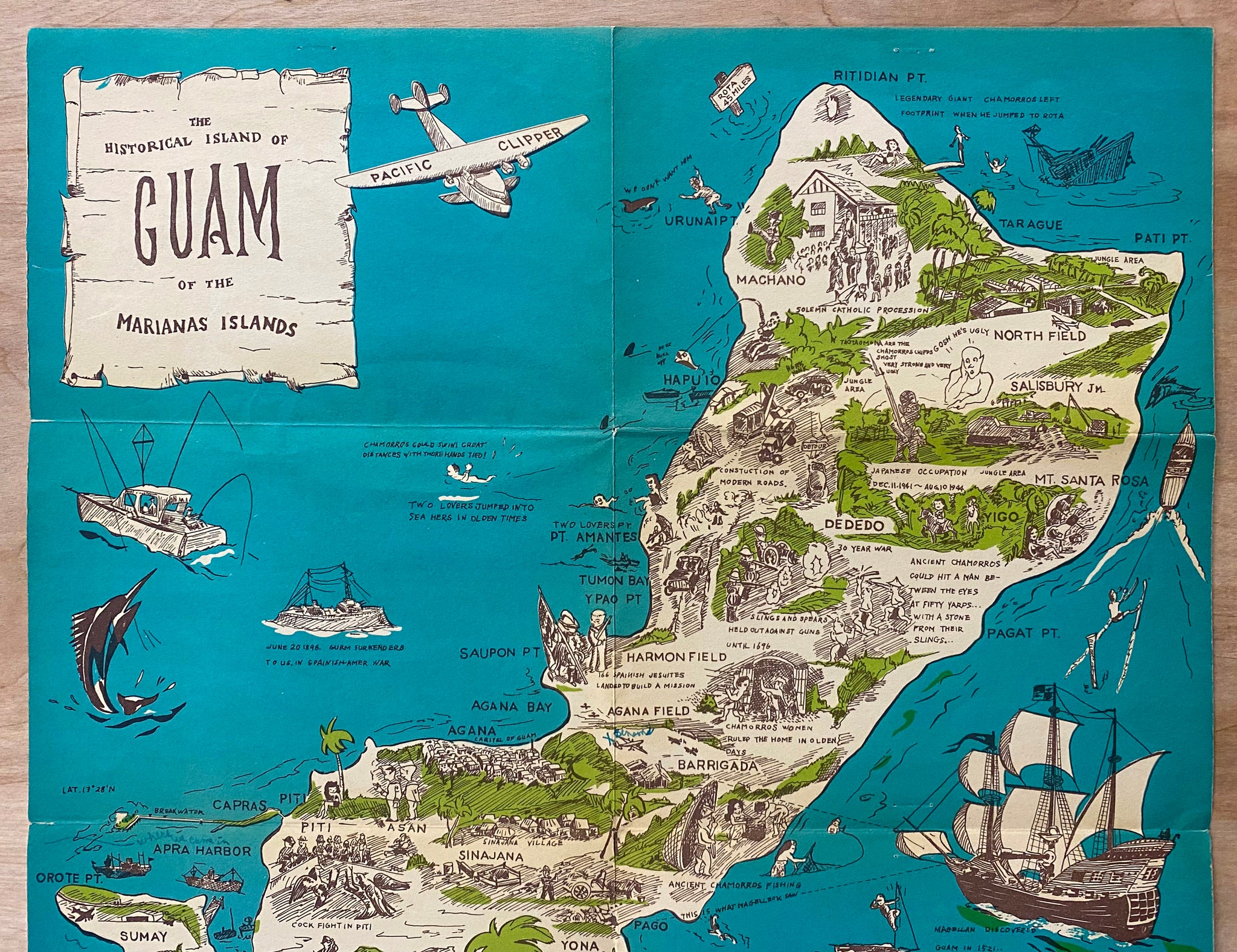 c.1950s Guam Marianas Islands Pictorial Map Pacific Vintage 