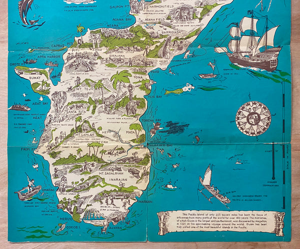 c.1950s Guam and the Marianas Islands Pictorial Map Pacific Ocean