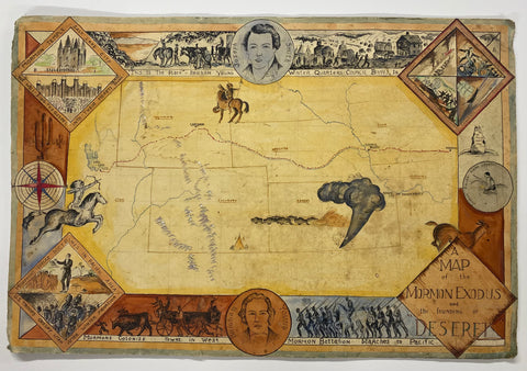c.1930s Mormon Trail Exodus Folk Art Style Pictorial Map Original Artwork