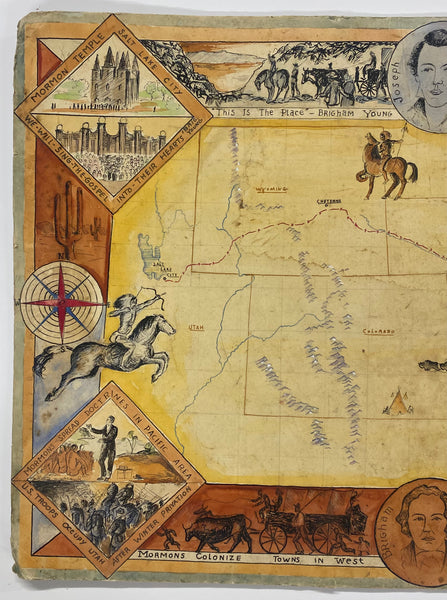 c.1930s Mormon Trail Exodus Folk Art Style Pictorial Map Original Artwork