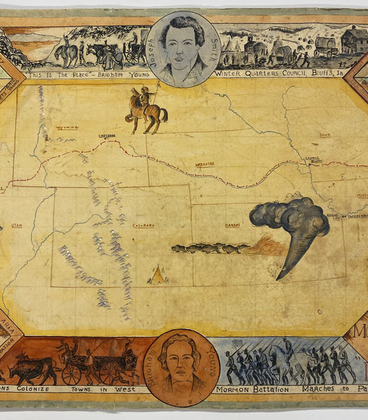 c.1930s Mormon Trail Exodus Folk Art Style Pictorial Map Original Artwork