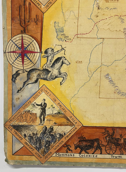 c.1930s Mormon Trail Exodus Folk Art Style Pictorial Map Original Artwork